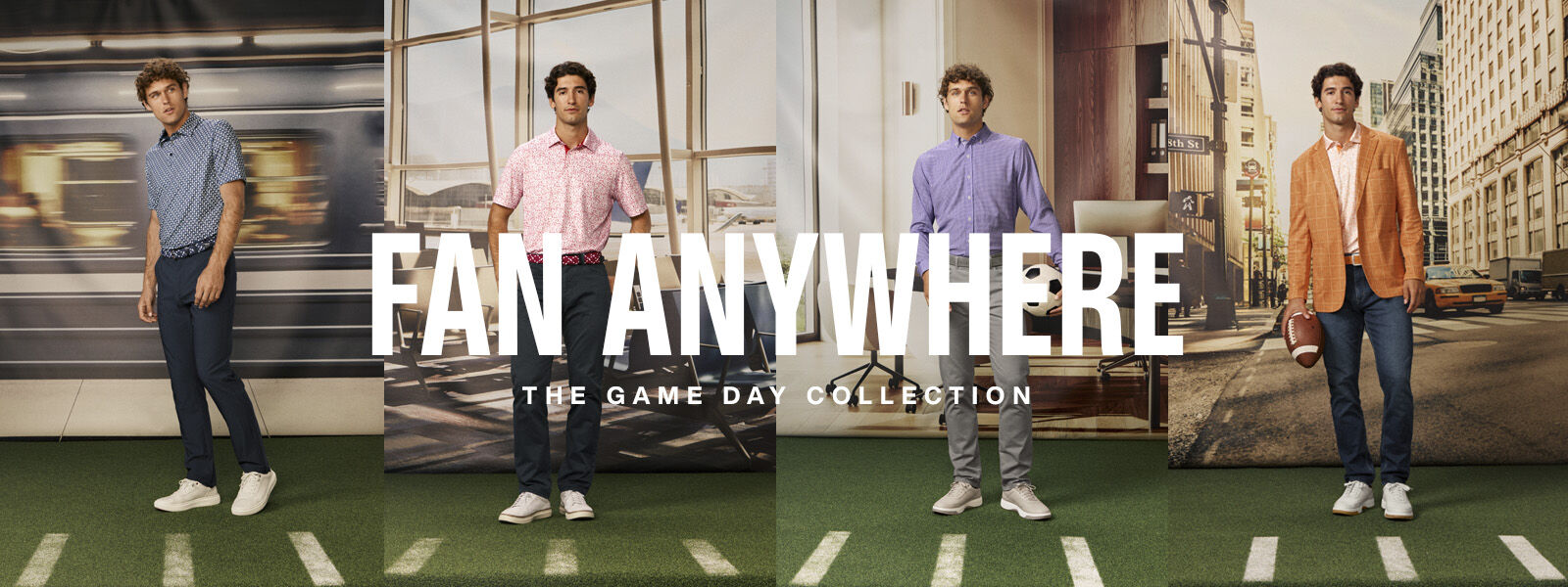 Promotional banner for the "Fan Anywhere" Game Day Collection featuring four men wearing sport-inspired casual outfits in different urban and indoor settings, with the text "FAN ANYWHERE &ndash; THE GAME DAY COLLECTION."